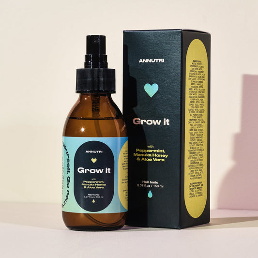 Brown bottle with blue label and black box labeled 'Grow it' on a light background