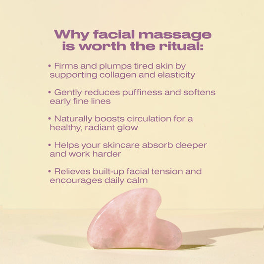 Facial massage roller with text on a light yellow background