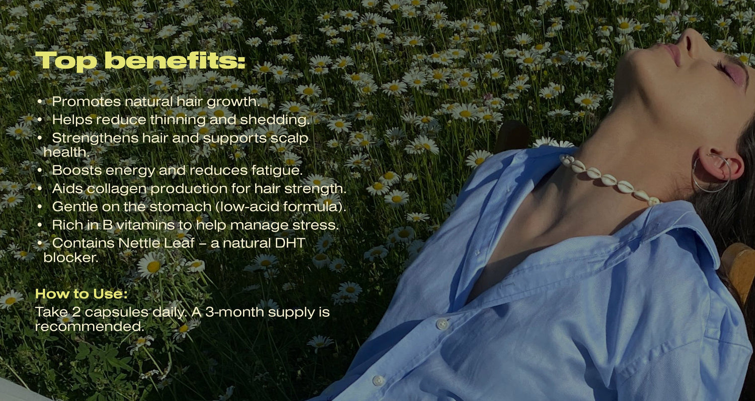 Woman lying in a field of flowers with text about top benefits and usage instructions.