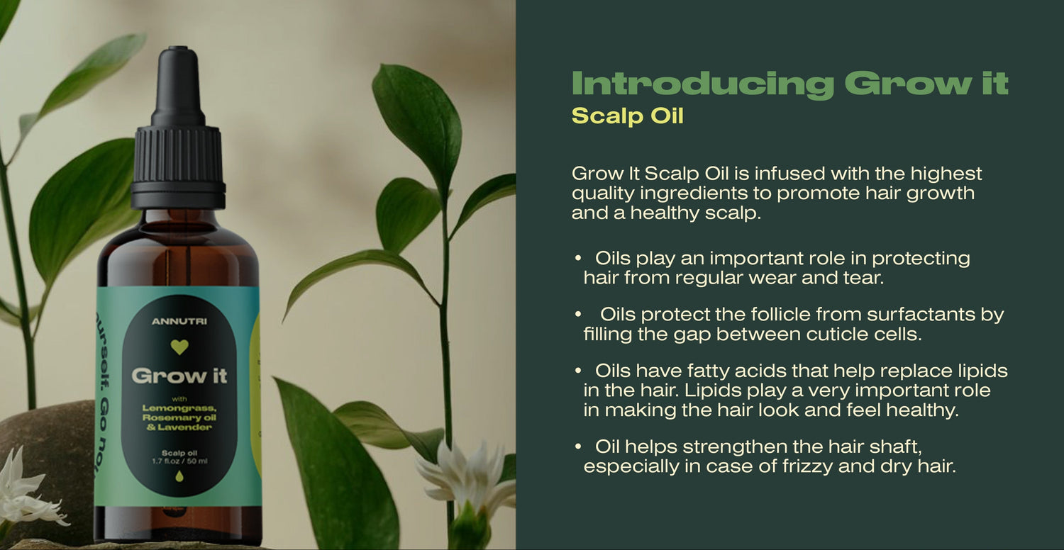 Bottle of 'Grow It' Scalp Oil with green leaves and flowers in the background