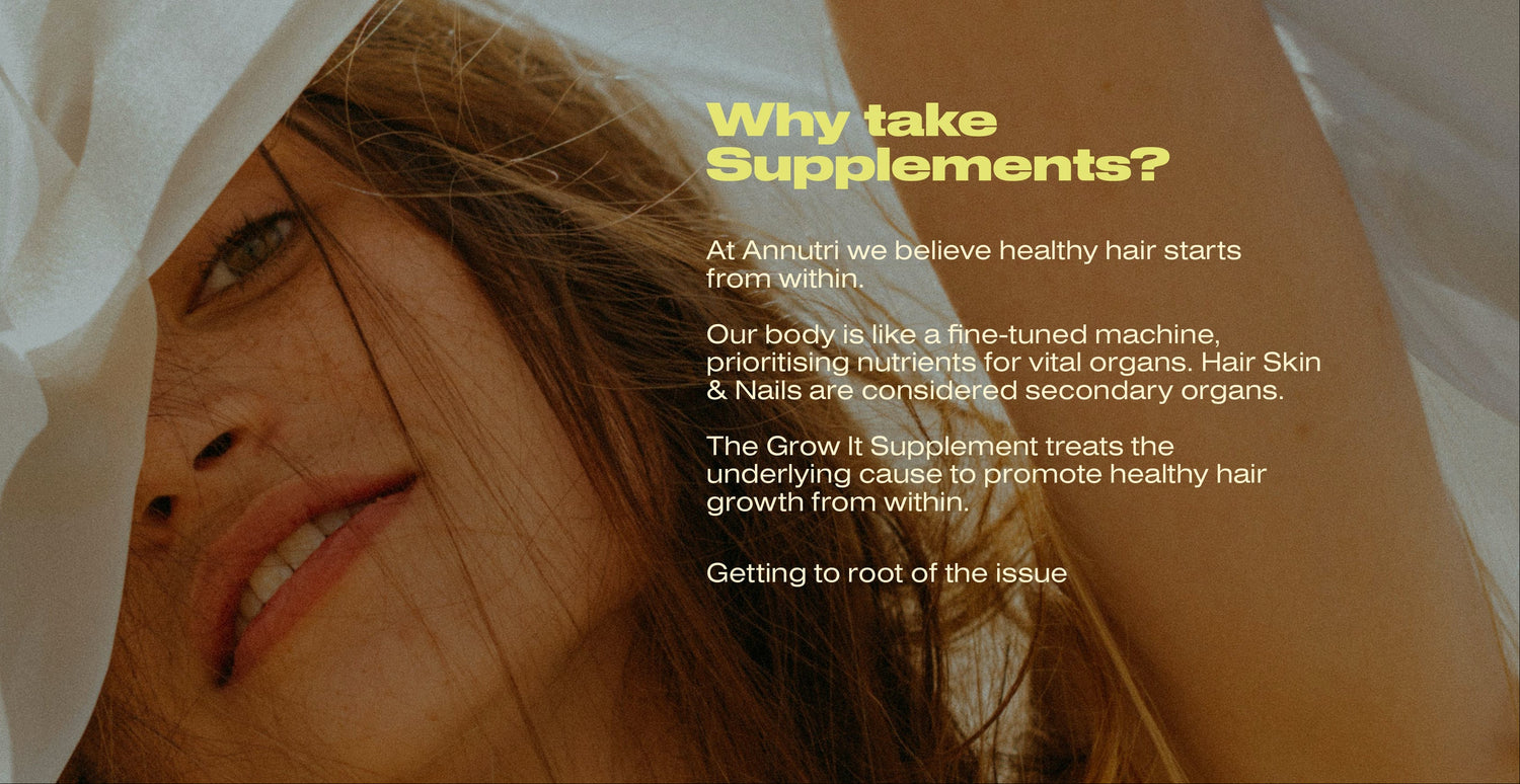 Woman with a white sheet over her head, text about supplements for healthy hair growth.