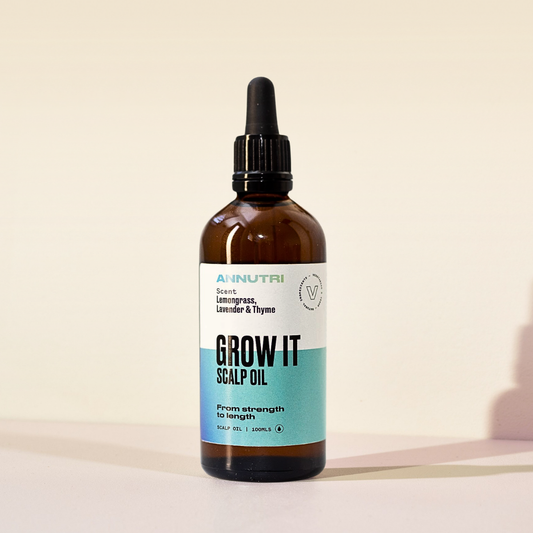 An amber glass dropper bottle of Annutri Grow It Scalp Oil with a black dropper cap and a white and teal label, set against a warm beige background.