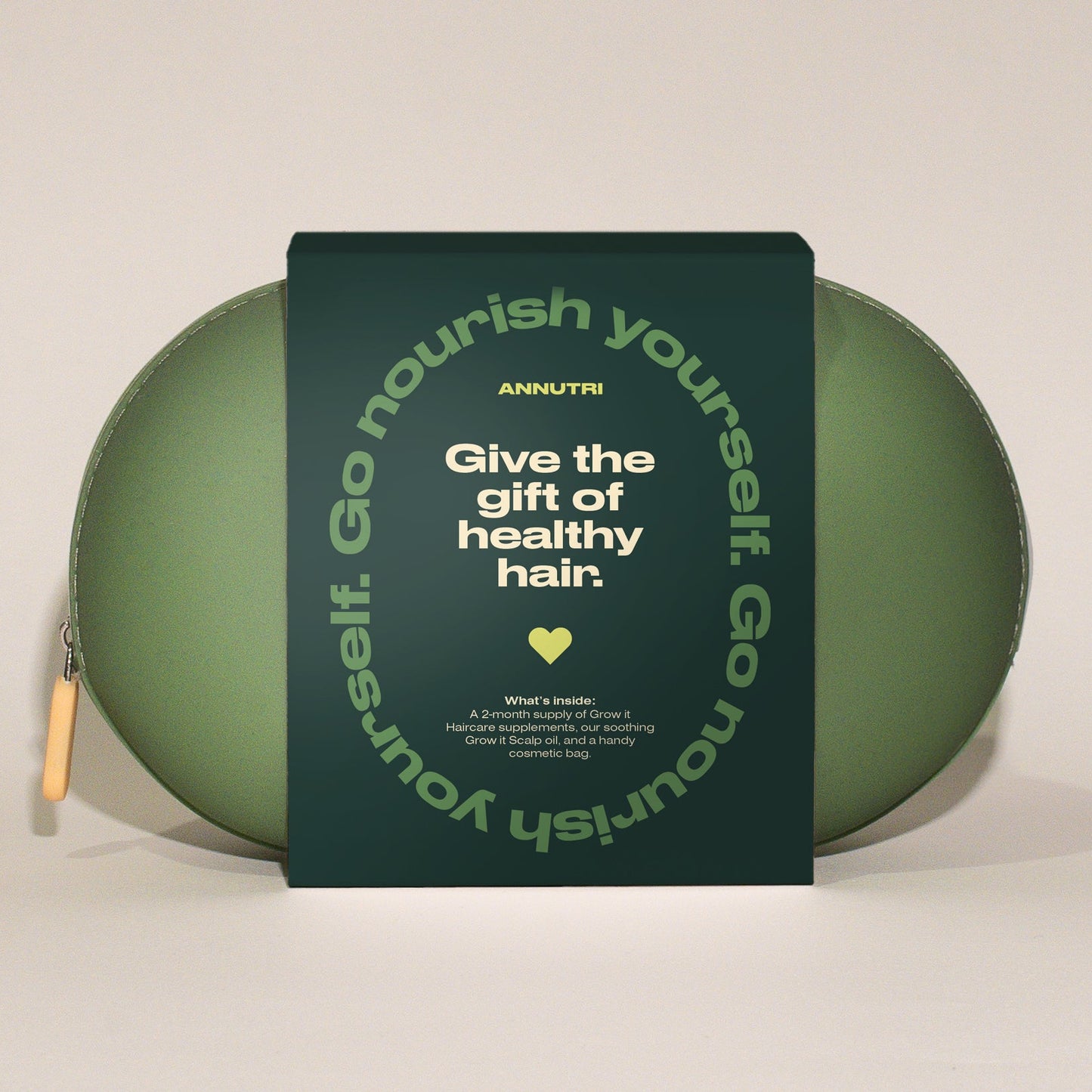 Green hair care product with a label on a beige background