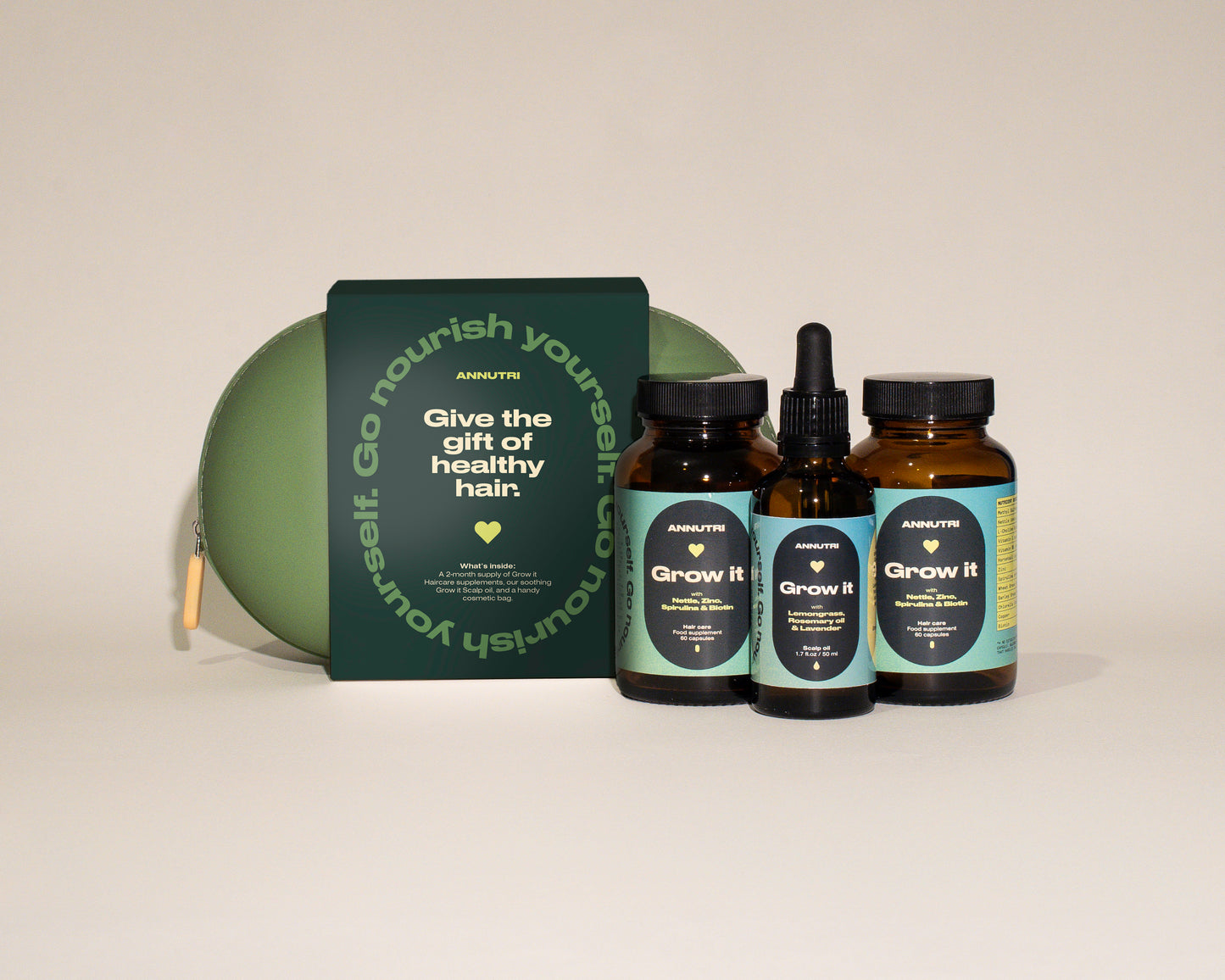 Annutri Grow it Gift Set - 2 × Grow it supplements + Scalp Oil + premium cosmetic bag