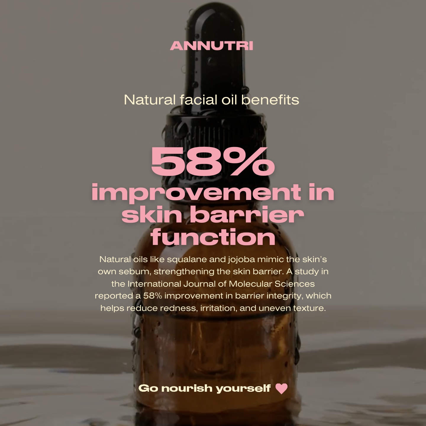 Annutri natural facial oil bottle with text about skin barrier function improvement on a dark background
