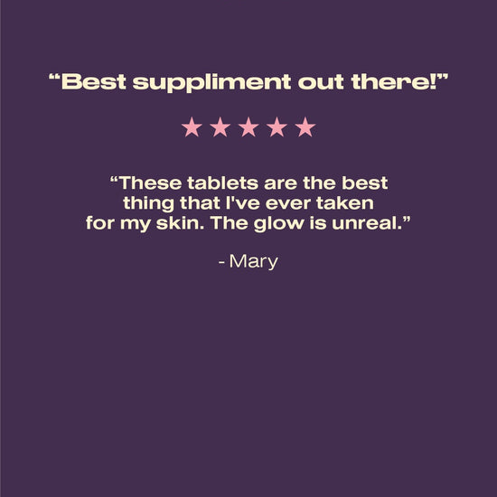 Product review with five-star rating and positive comments on a purple background