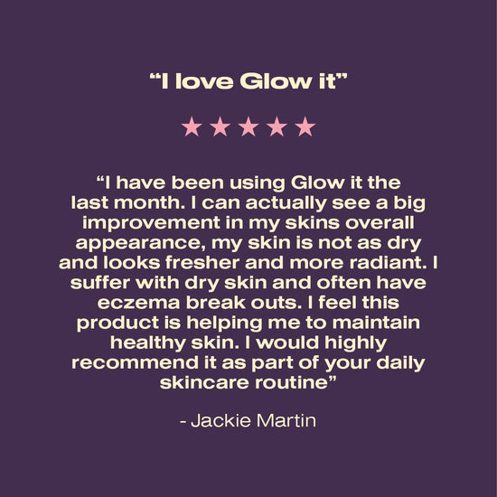 Product review with text and star rating on a purple background